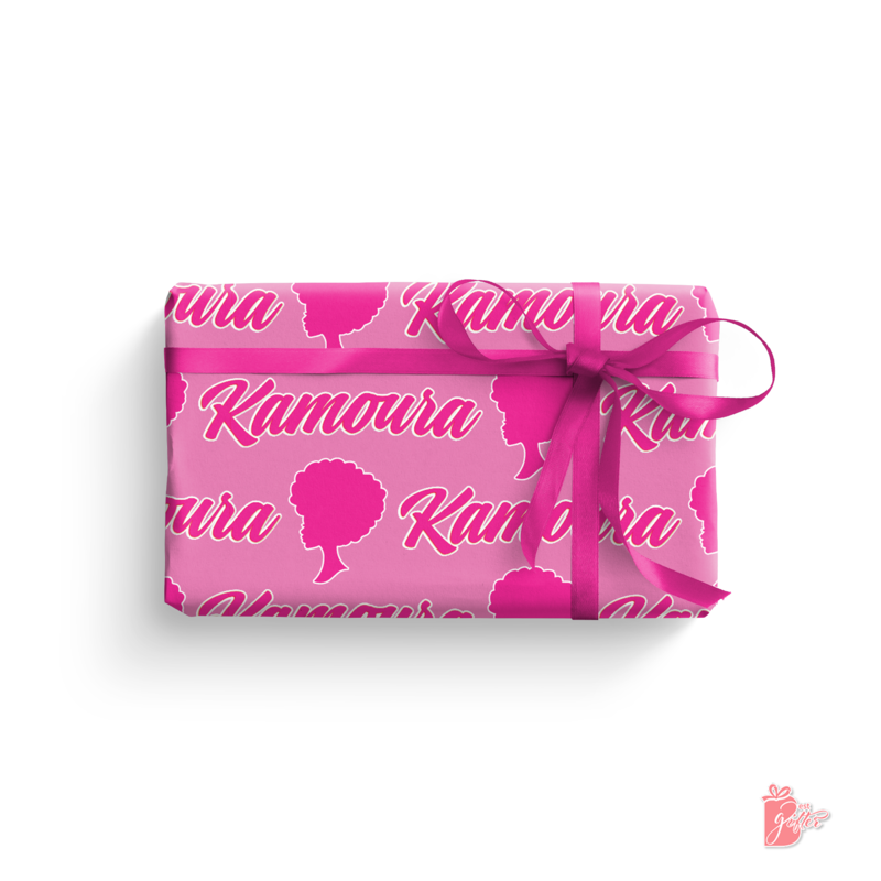 Custom Afro Barbie Gift Wrap | Any Name in Cursive Font | Black Barbie Doll Silhouette on Pink, Blue For Girls, Women, Teenagers, 24in Wi